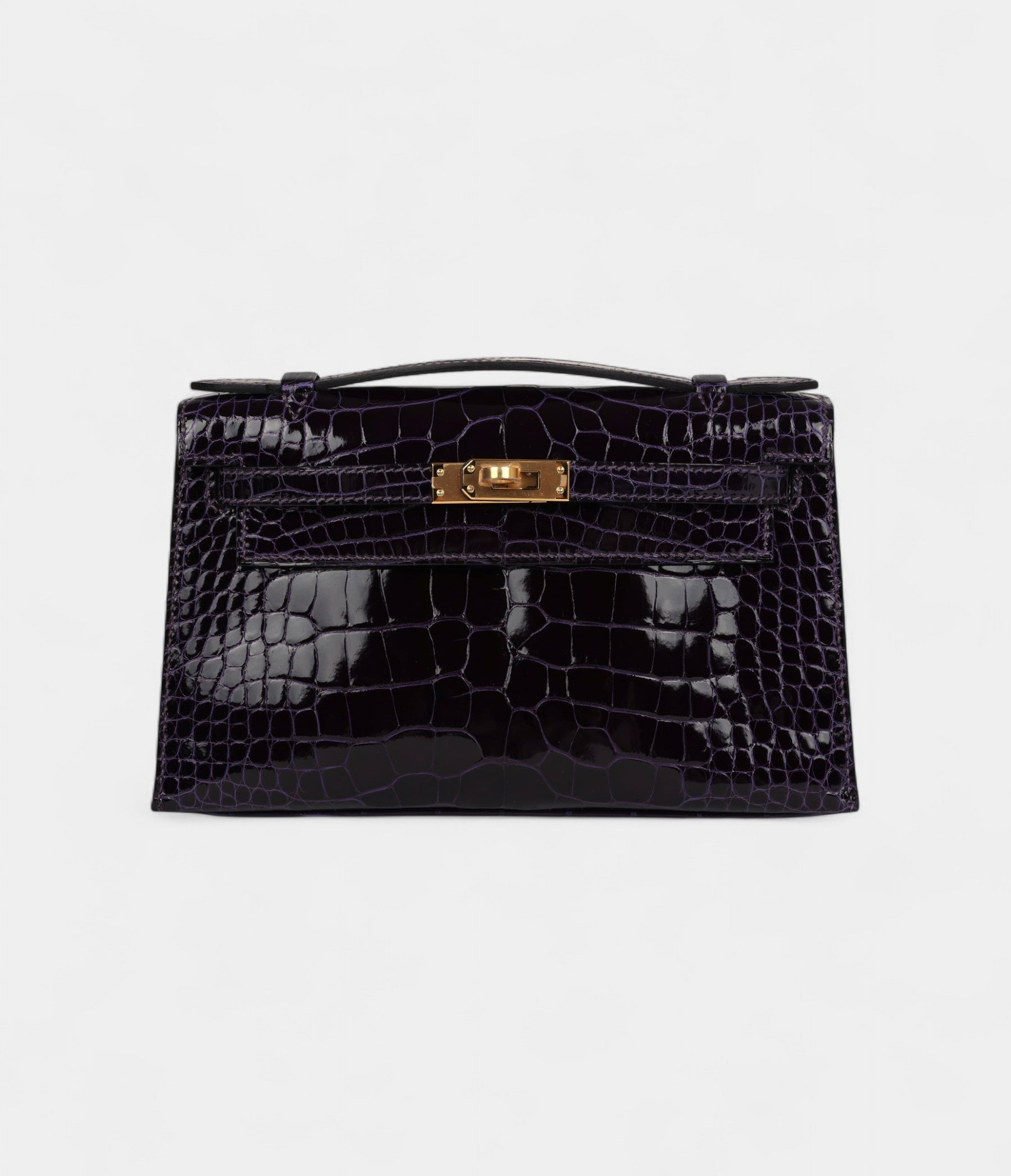 HMKelly Pochette Amethyst Shiny Alligator Gold Hardware