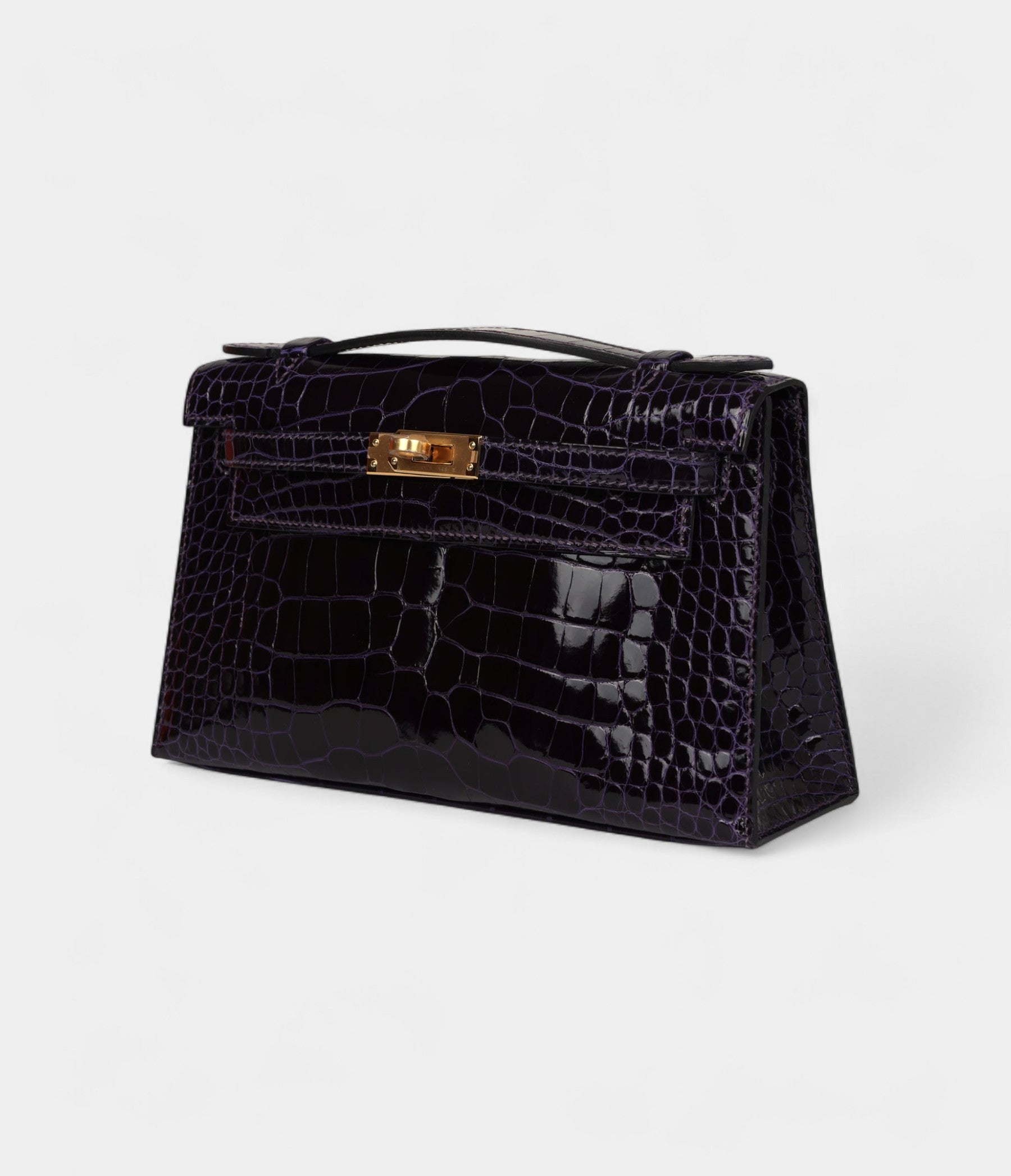 HMKelly Pochette Amethyst Shiny Alligator Gold Hardware