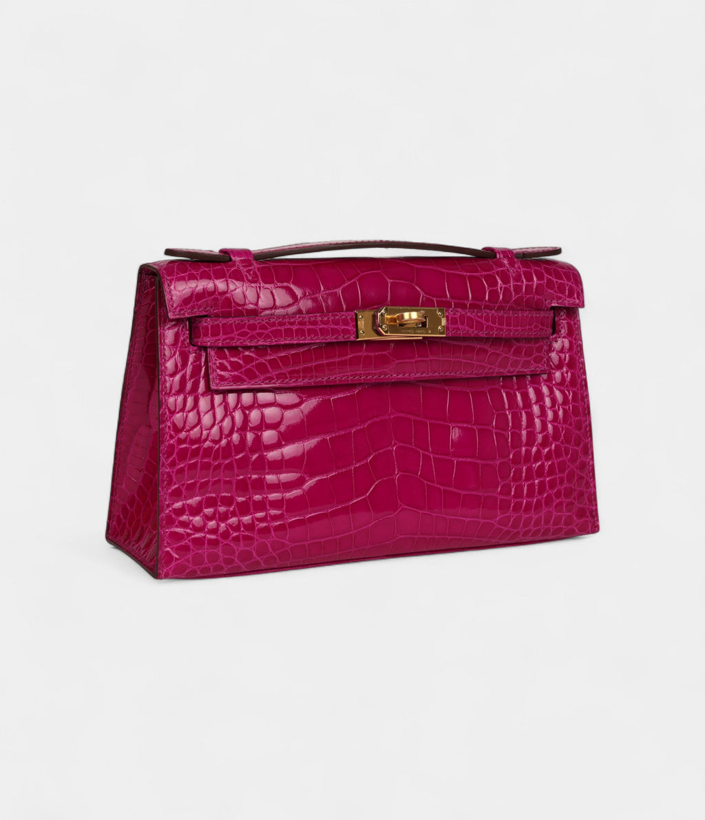 HMKelly Pochette Rose Scheherazade Shiny Alligator Gold Hardware