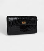 HMKelly Pocket Long Wallet Black Shiny Alligator Gold Hardware