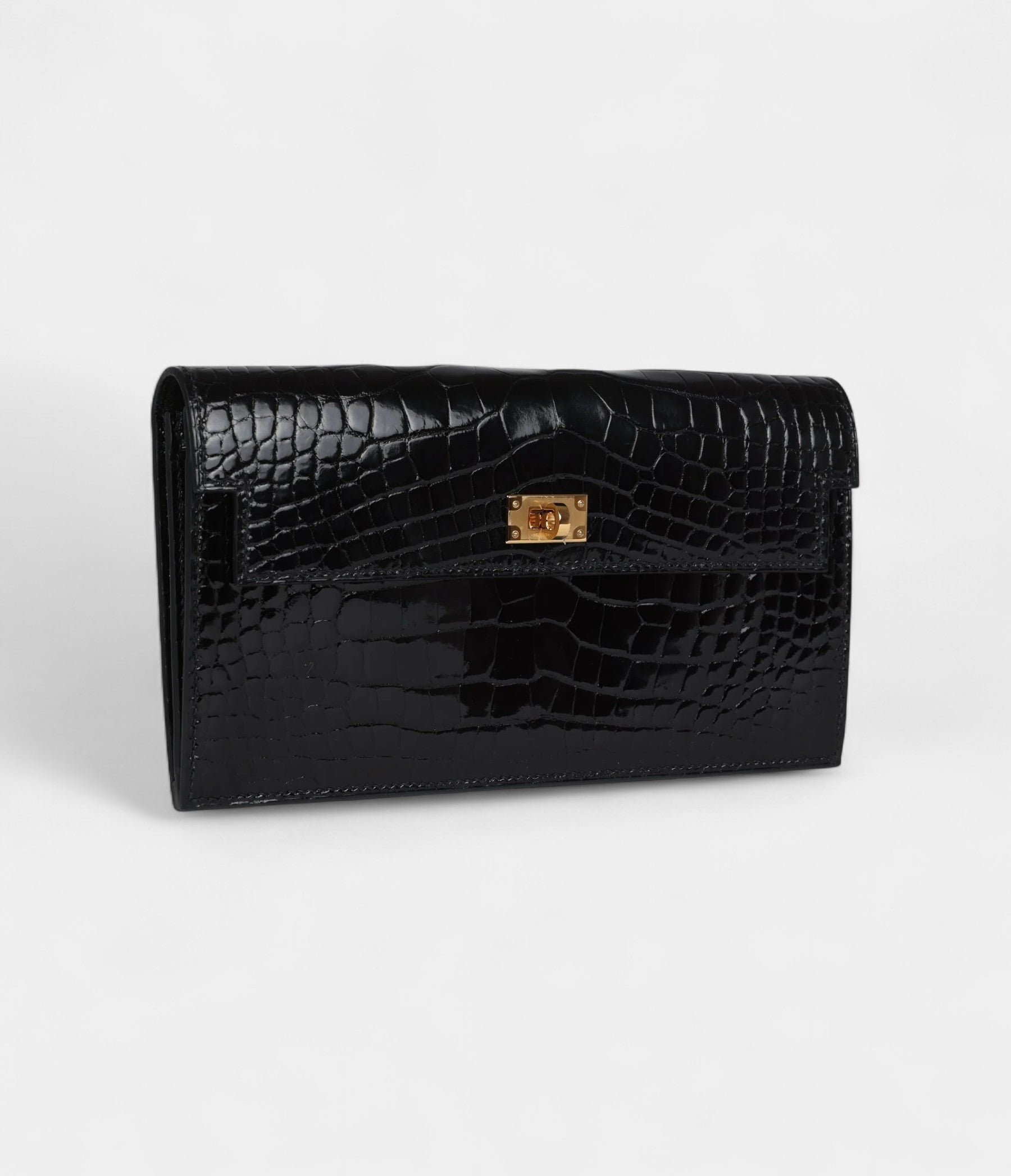 HMKelly Pocket Long Wallet Black Shiny Alligator Gold Hardware