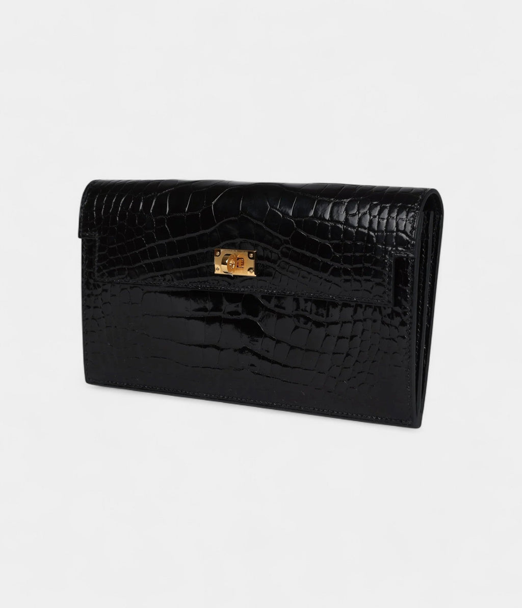 HMKelly Pocket Long Wallet Black Shiny Alligator Gold Hardware