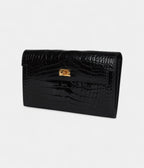 HMKelly Pocket Long Wallet Black Shiny Alligator Gold Hardware