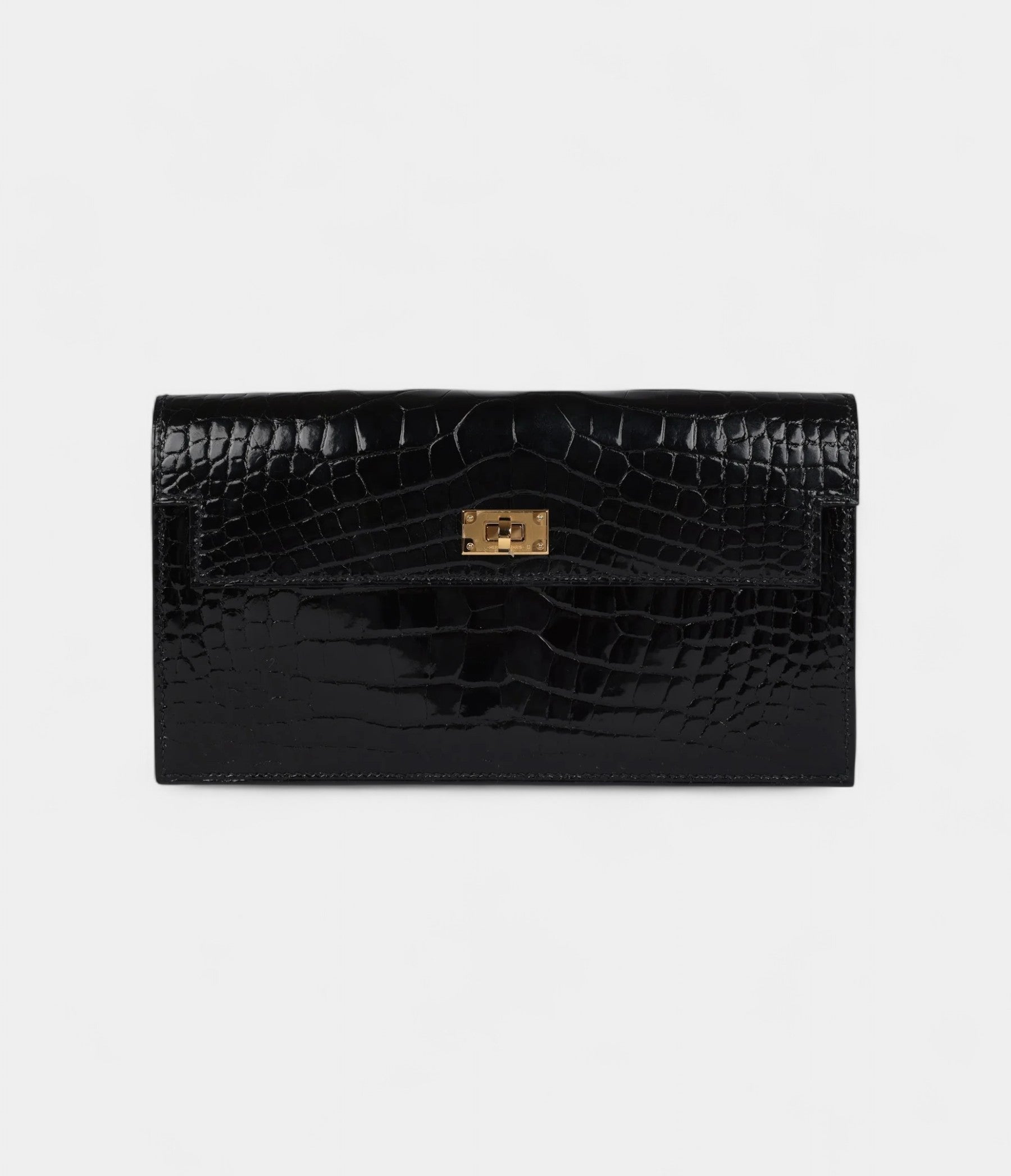 HMKelly Pocket Long Wallet Black Shiny Alligator Gold Hardware