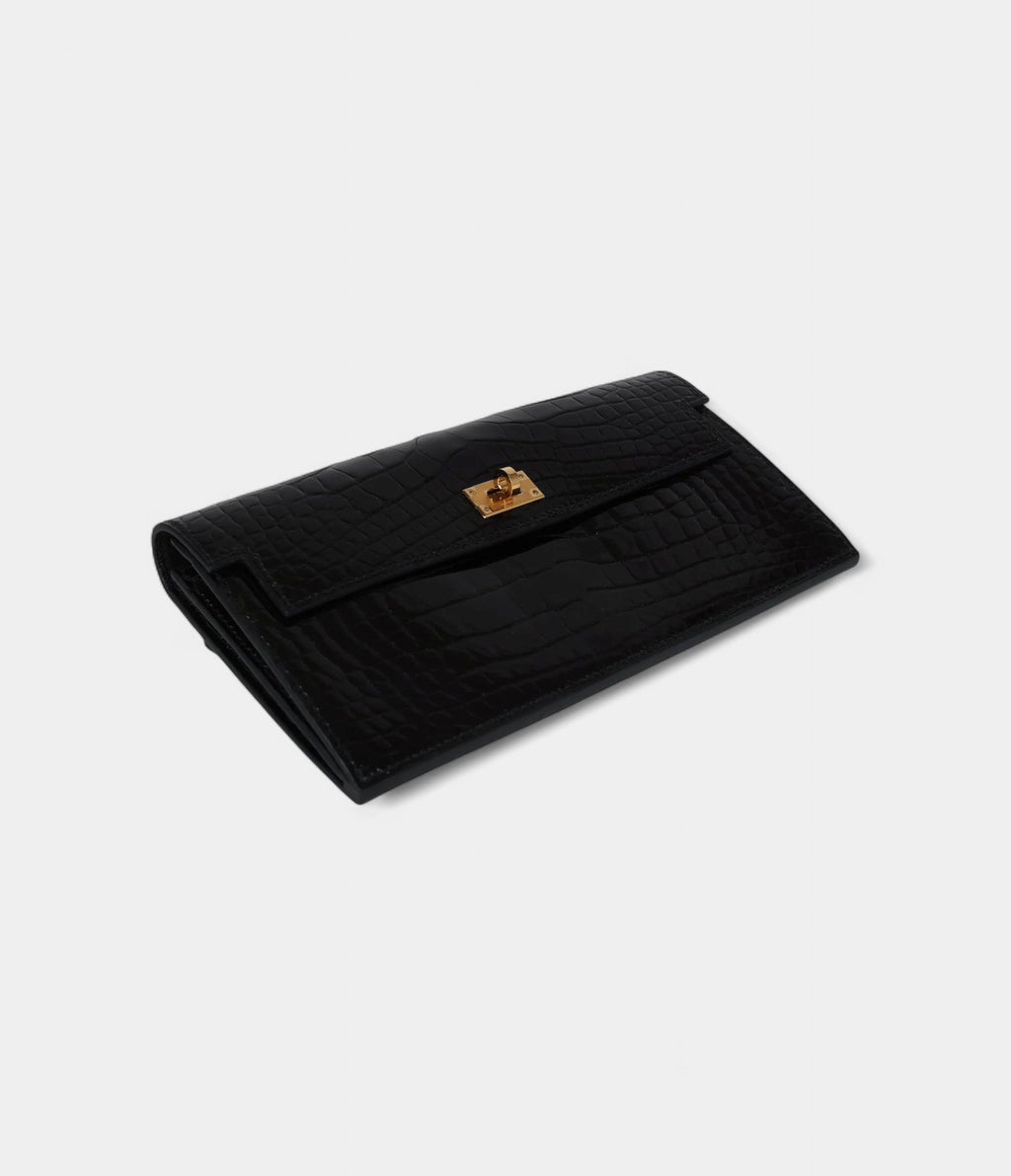 HMKelly Pocket Long Wallet Black Shiny Alligator Gold Hardware