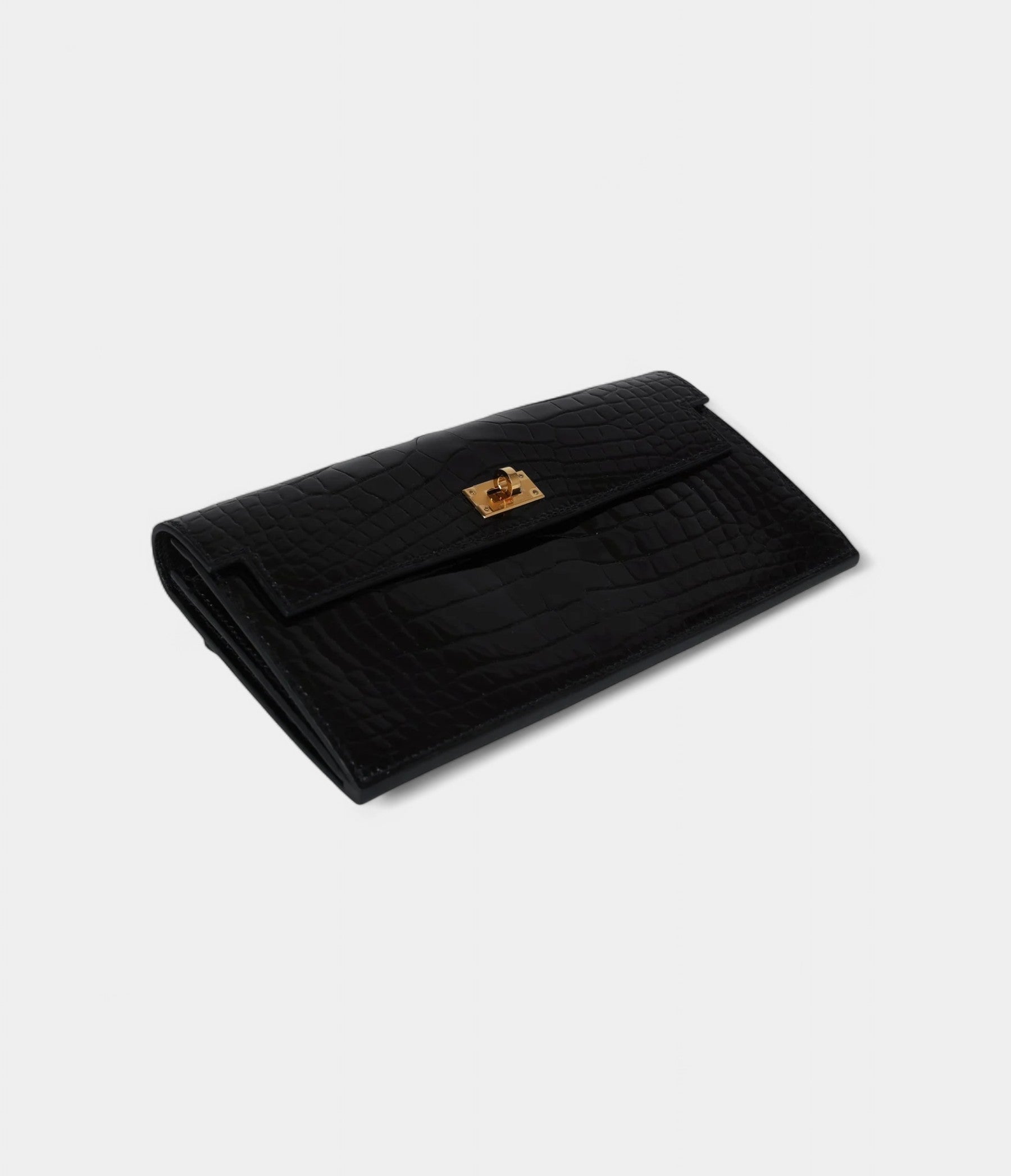 HMKelly Pocket Long Wallet Black Shiny Alligator Gold Hardware