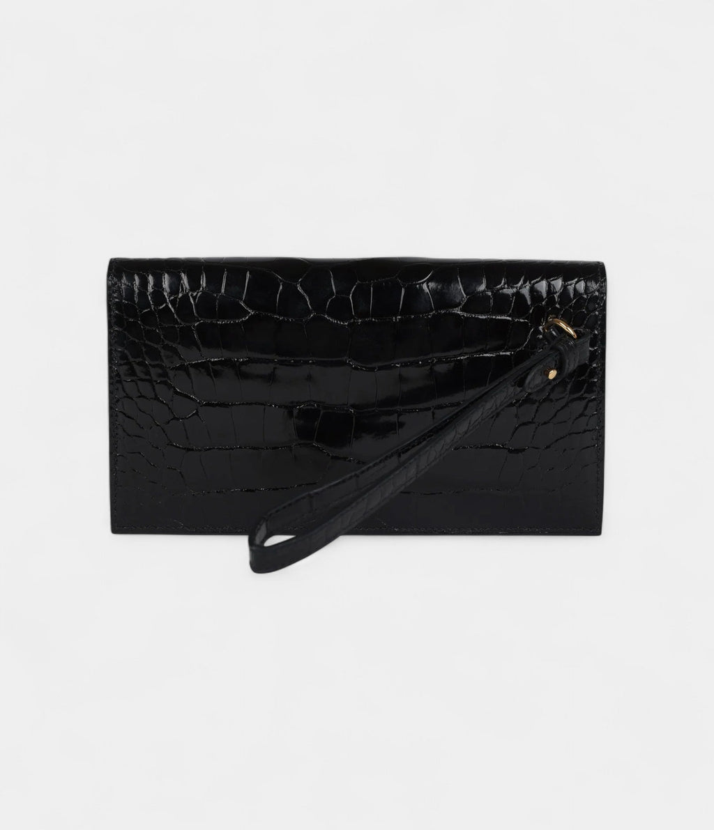 HMKelly Pocket Long Wallet Black Shiny Alligator Gold Hardware
