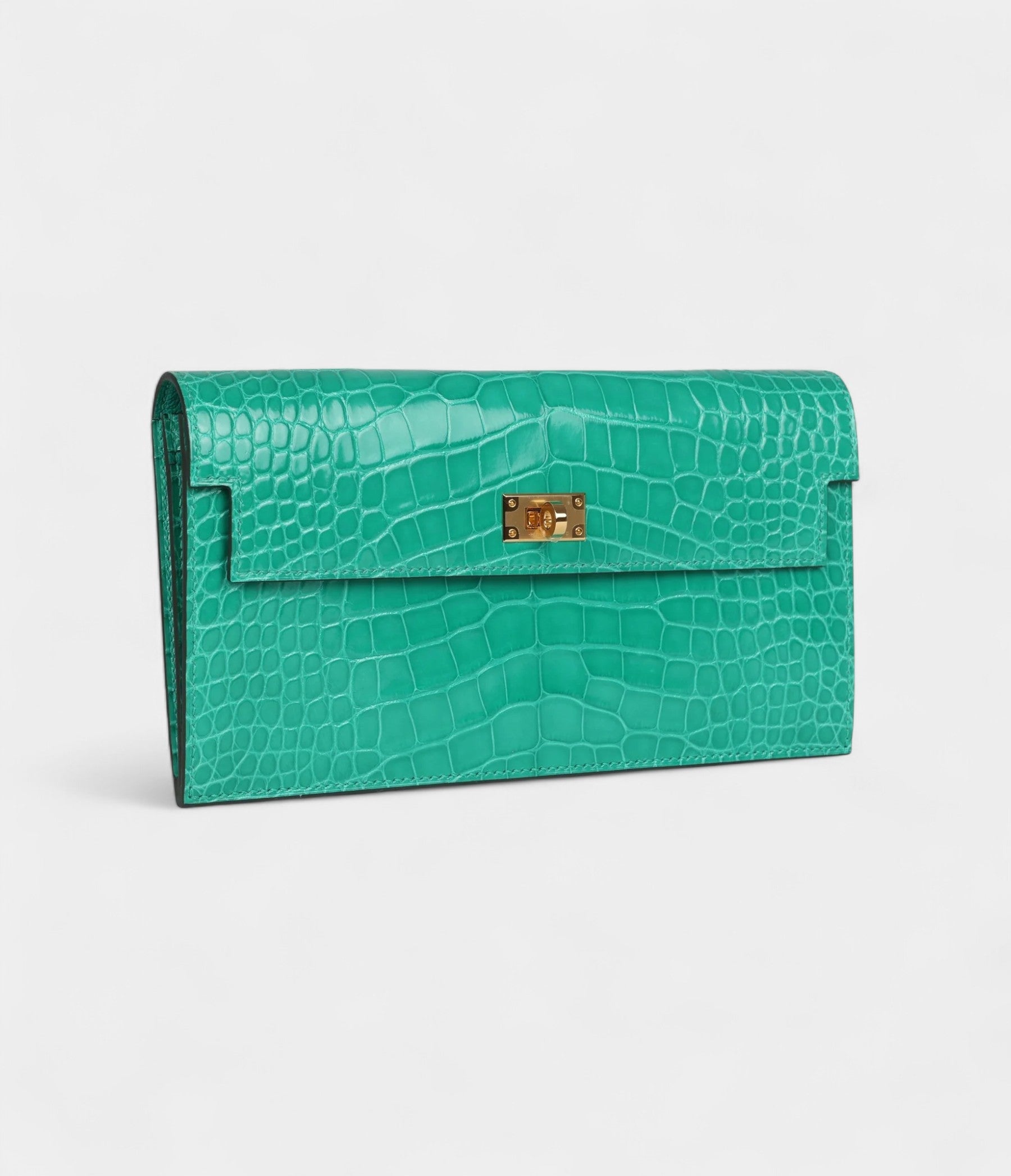 HMKelly Pocket Long Wallet Vert Jade Shiny Alligator Gold Hardware