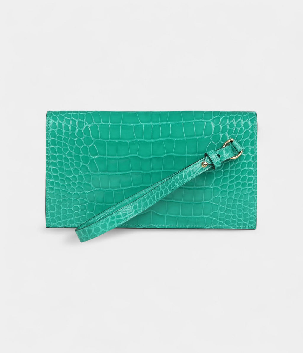 HMKelly Pocket Long Wallet Vert Jade Shiny Alligator Gold Hardware