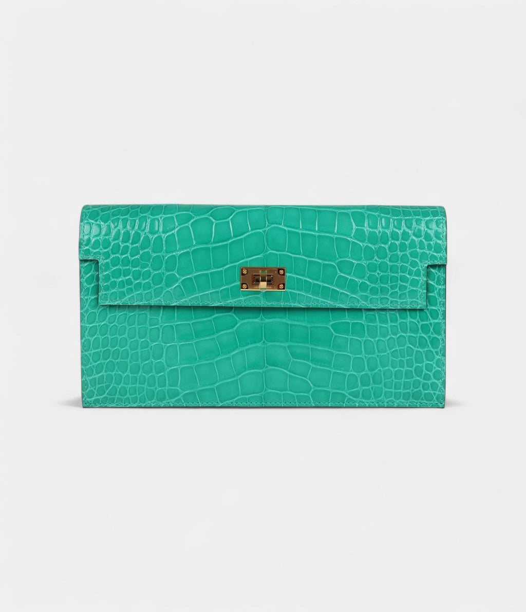 HMKelly Pocket Long Wallet Vert Jade Shiny Alligator Gold Hardware