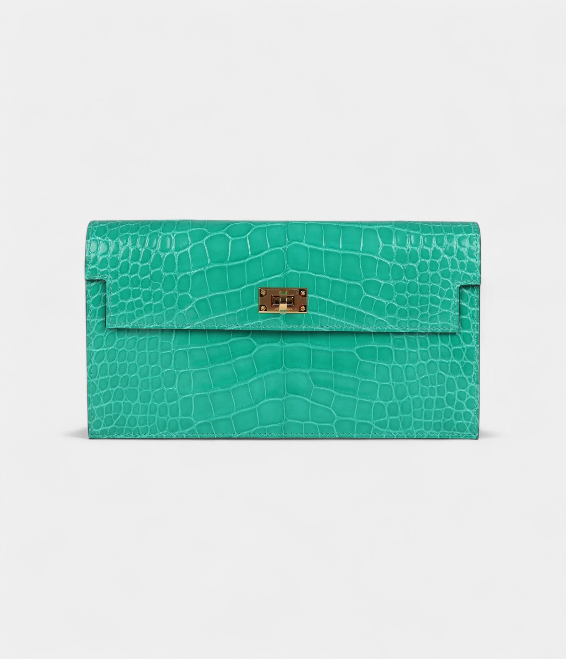 HMKelly Pocket Long Wallet Vert Jade Shiny Alligator Gold Hardware