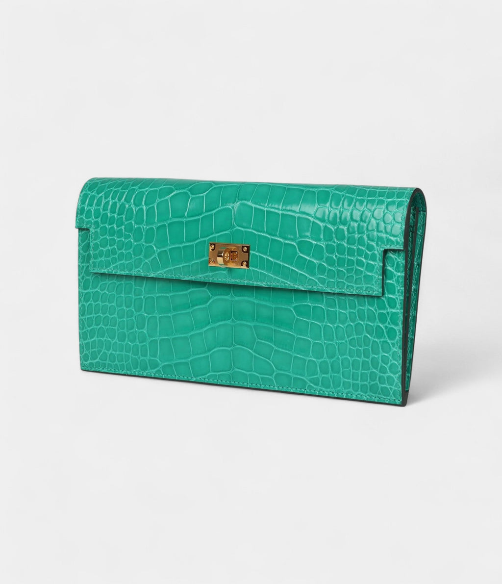 HMKelly Pocket Long Wallet Vert Jade Shiny Alligator Gold Hardware