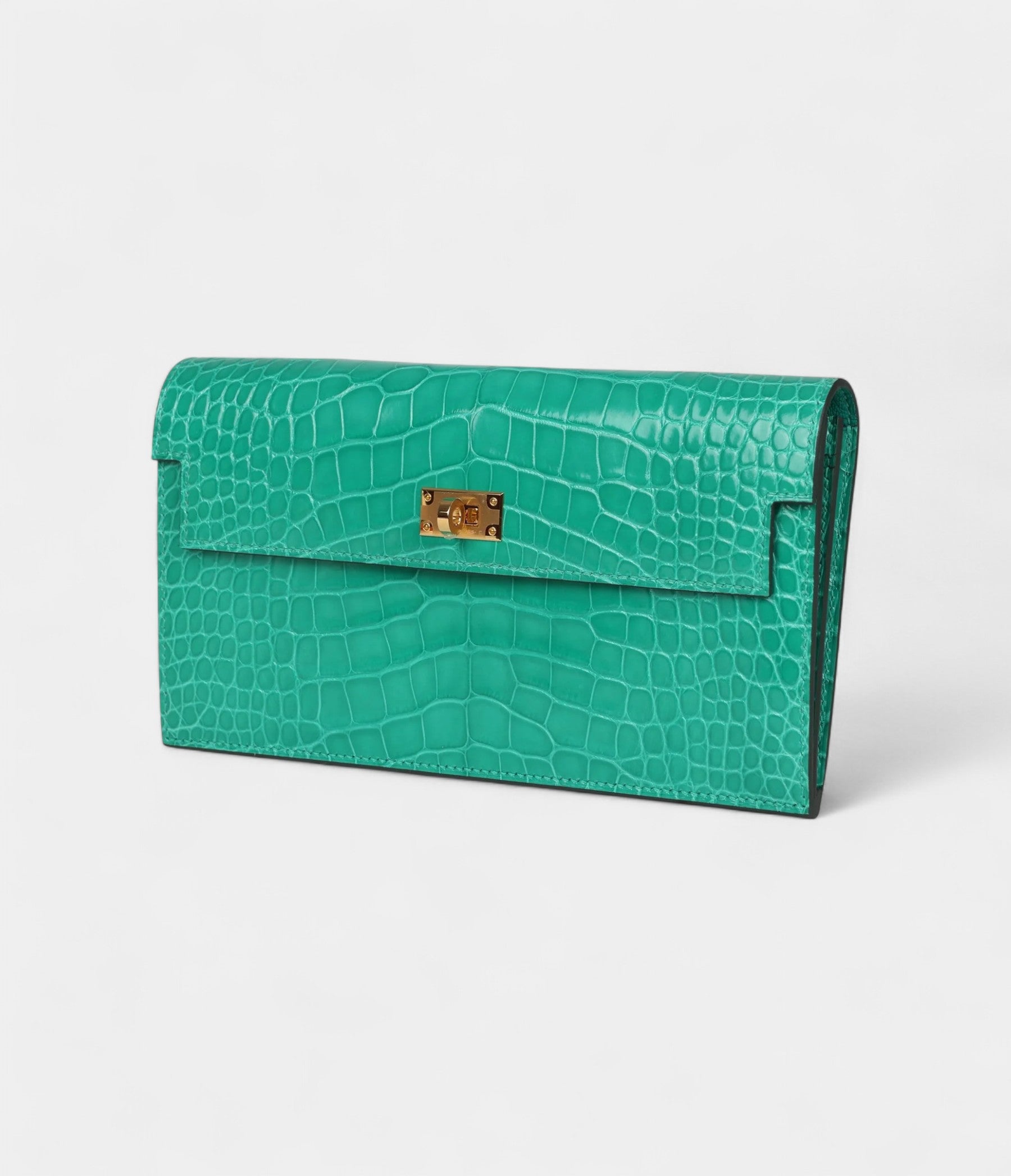 HMKelly Pocket Long Wallet Vert Jade Shiny Alligator Gold Hardware