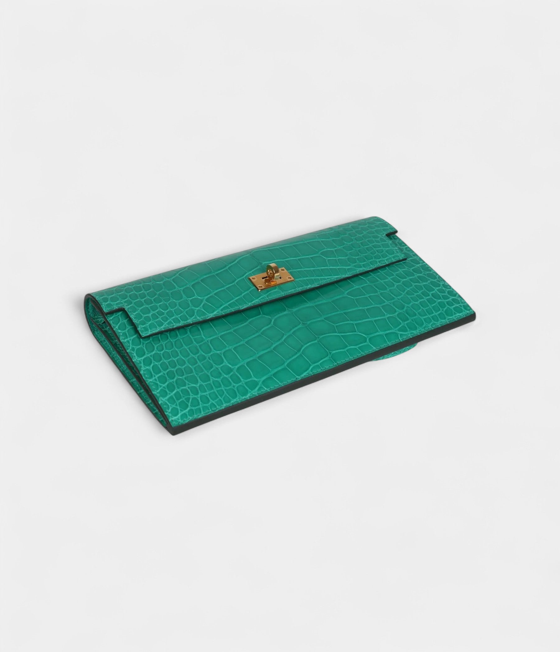 HMKelly Pocket Long Wallet Vert Jade Shiny Alligator Gold Hardware