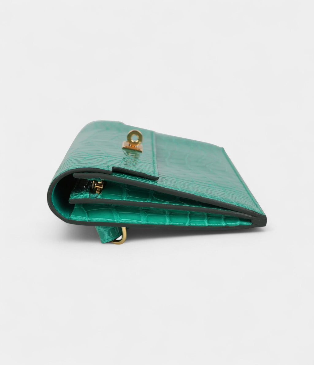 HMKelly Pocket Long Wallet Vert Jade Shiny Alligator Gold Hardware