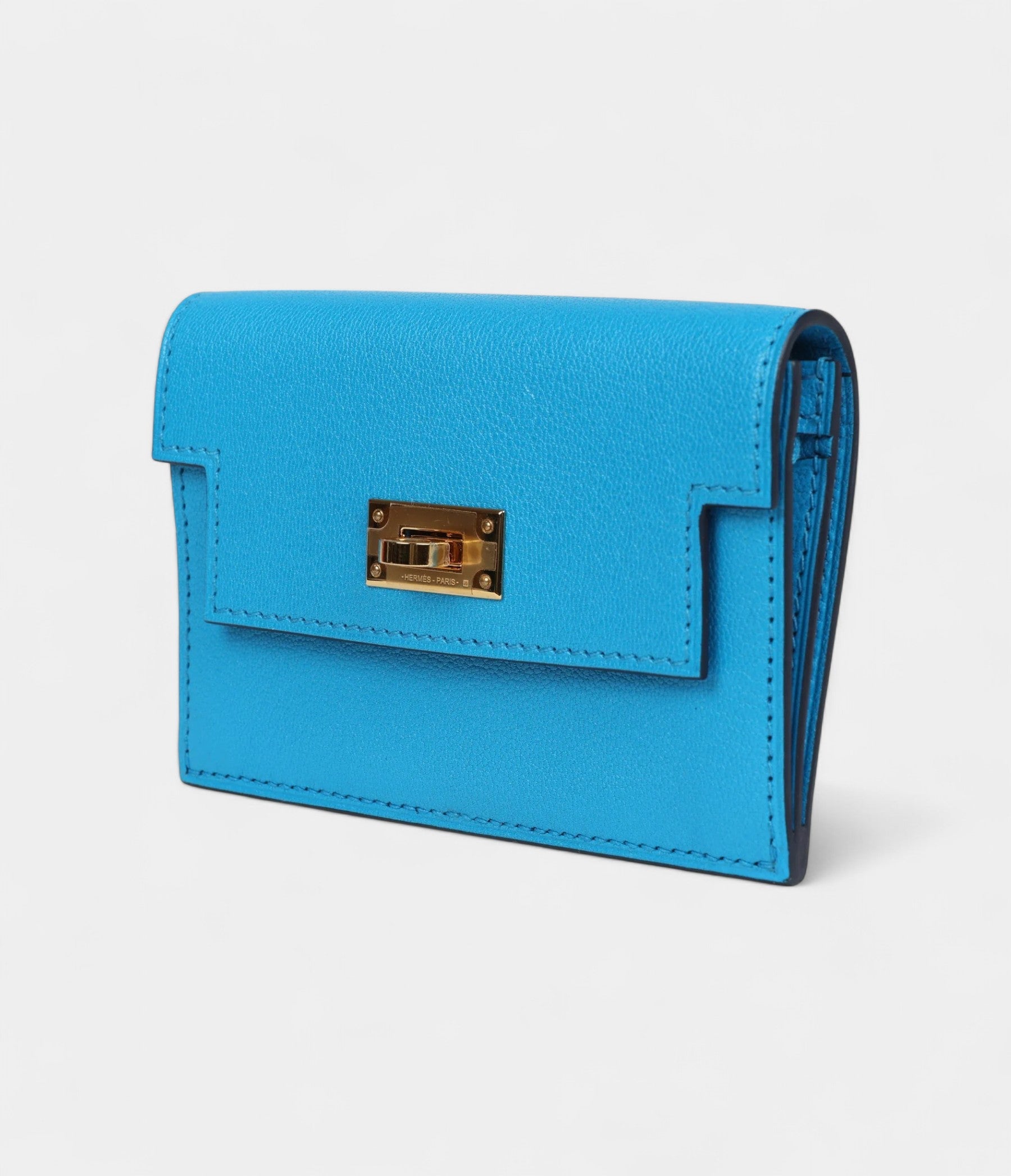 HMKelly Pocket Slim Wallet Bleu Frida Chevre Gold Hardware