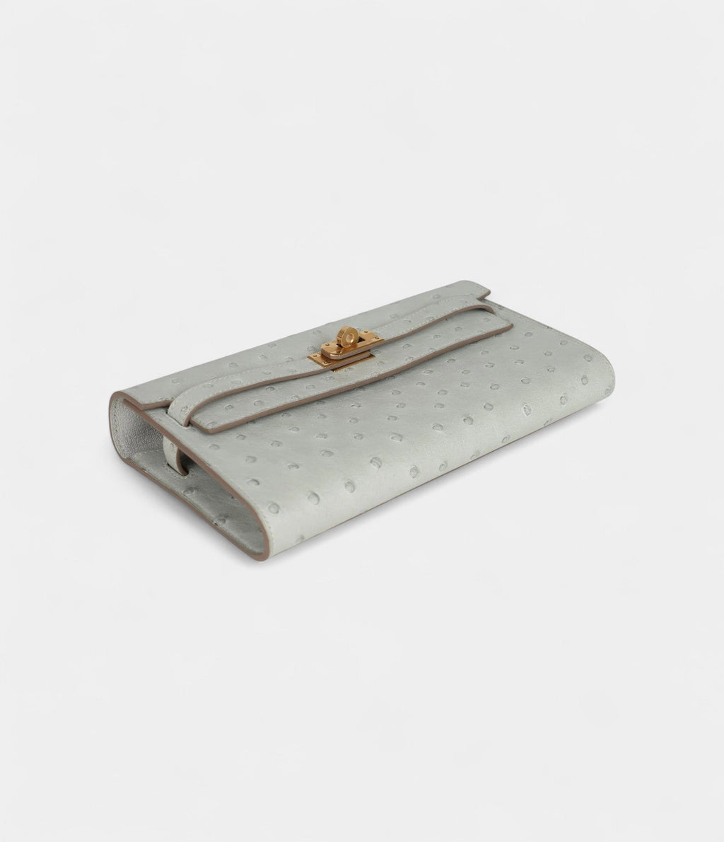 HMKelly Wallet Gris Perle Ostrich Gold Hardware