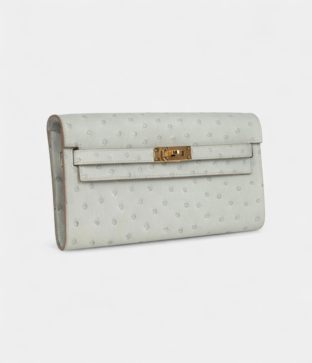 HMKelly Wallet Gris Perle Ostrich Gold Hardware