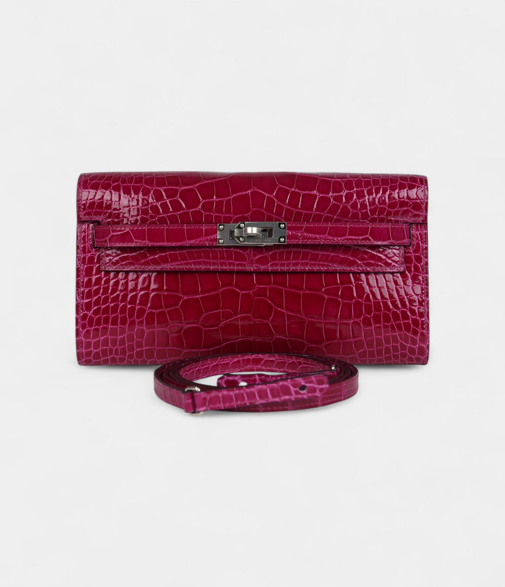 HMKelly Wallet Rose Pourpre Shiny Alligator Palladium Hardware