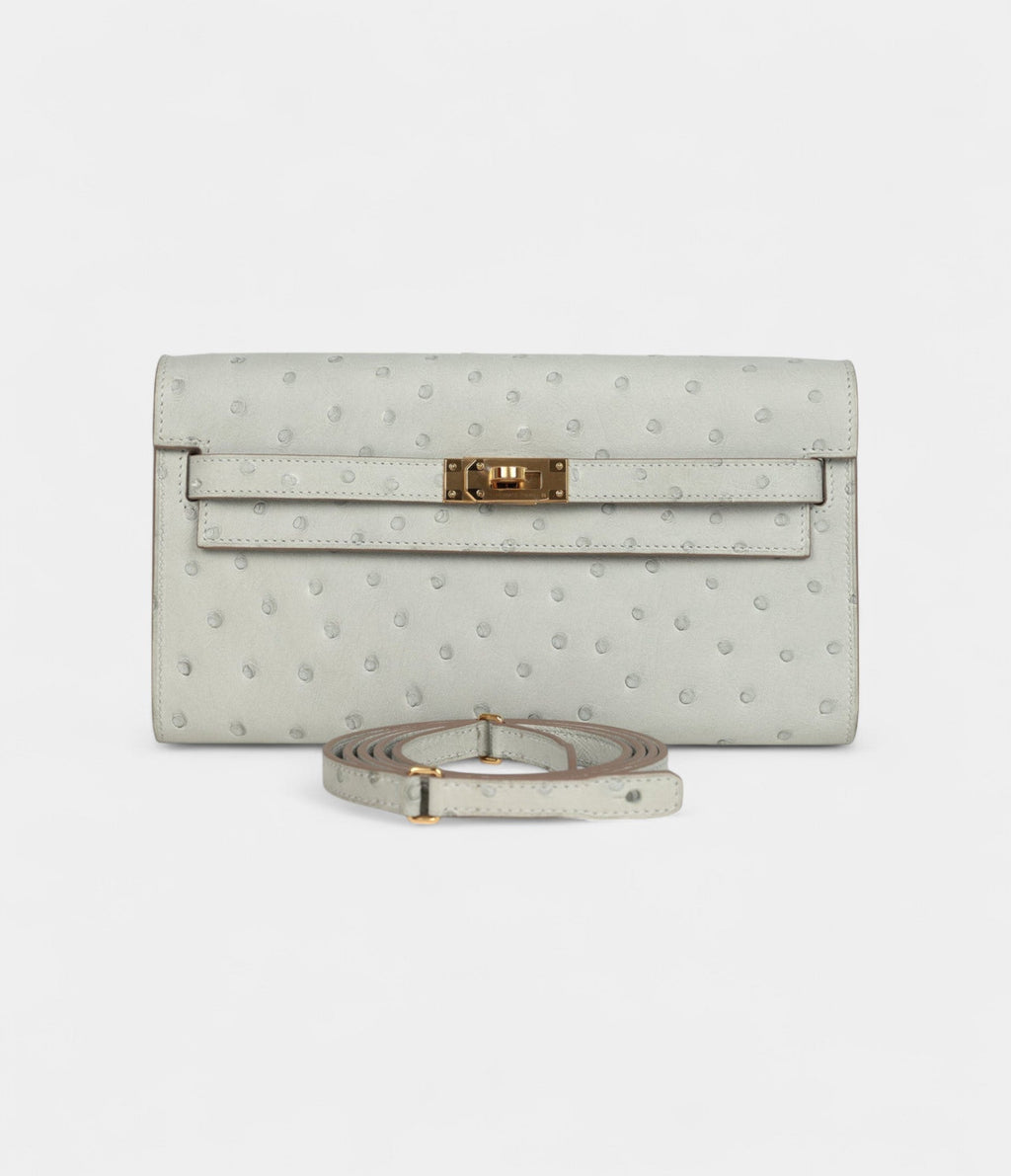 HMKelly Wallet To Go Gris Perle Ostrich Gold Hardware