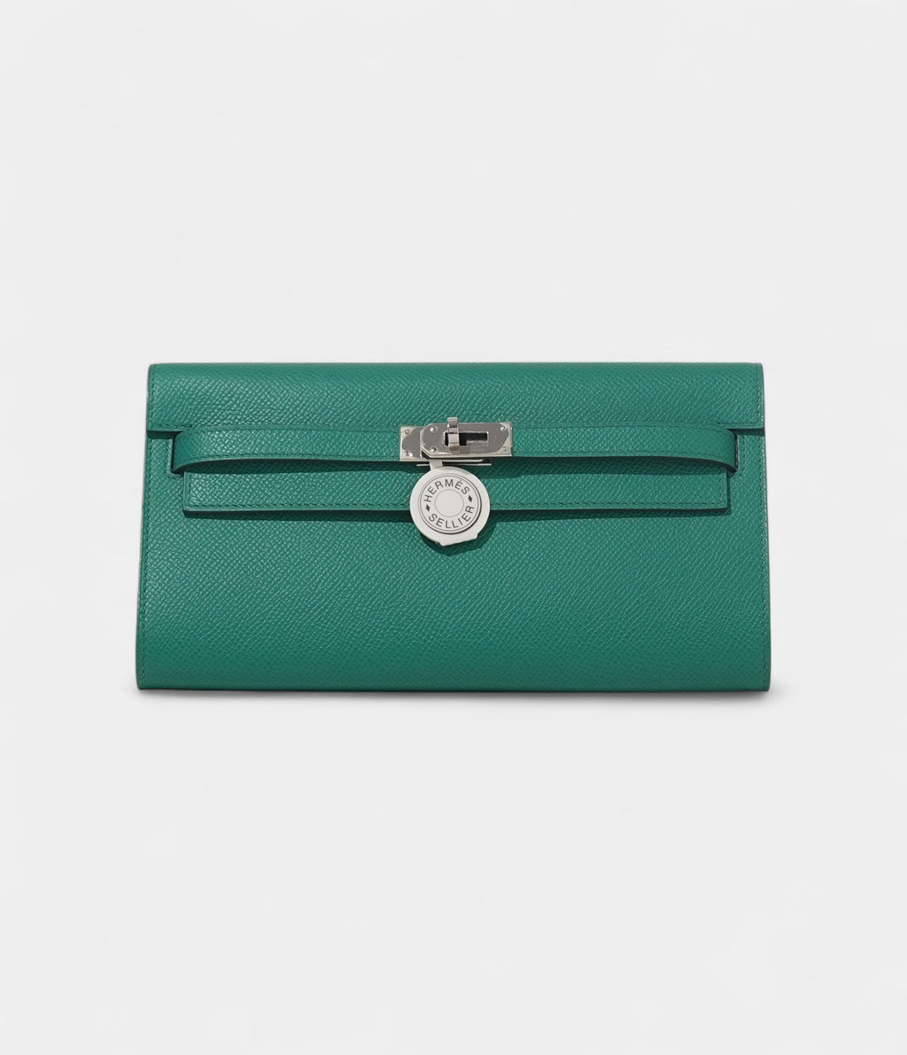 HMKelly Wallet To Go Vert Jade & Bleu Brume Epsom Palladium Hardware
