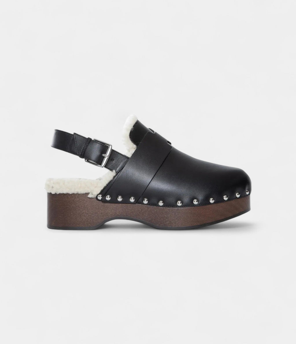HMLeather Shearling-Lined Clog Mules with Adjustable Strap and Studded Wooden Sole