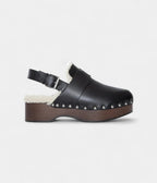 HMLeather Shearling-Lined Clog Mules with Adjustable Strap and Studded Wooden Sole