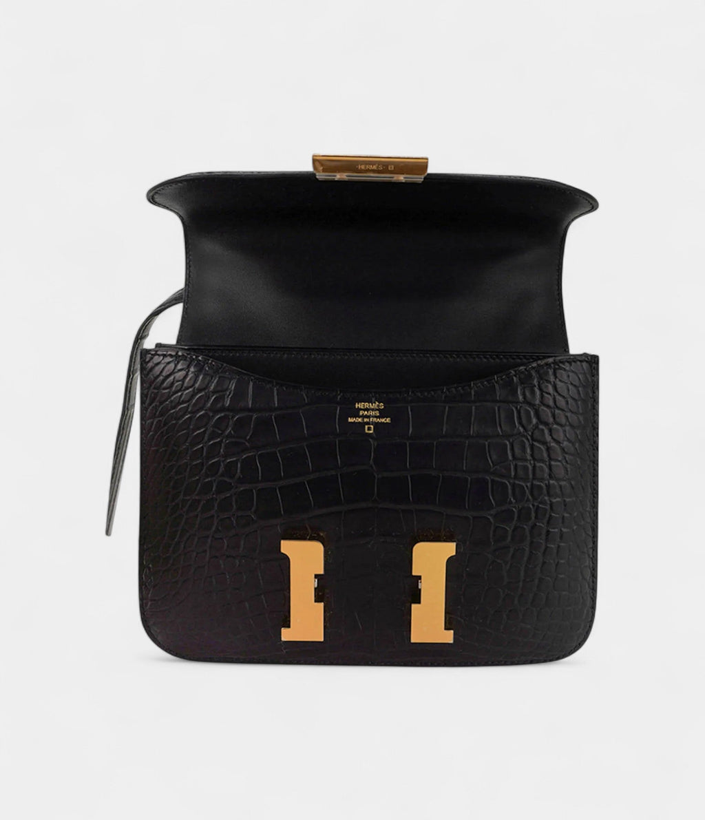 Hermes Mini Constance 18 Bag Black Matte Alligator with Gold Hardware and Mirror