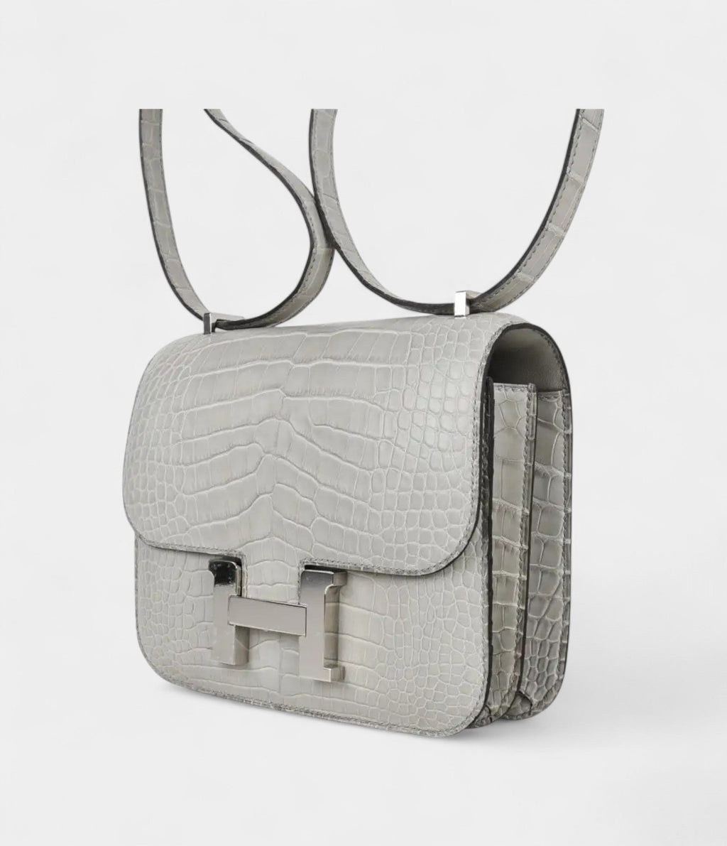 Hermes Mini Constance Bag 18 Gris Perle Matte Alligator with Palladium Hardware
