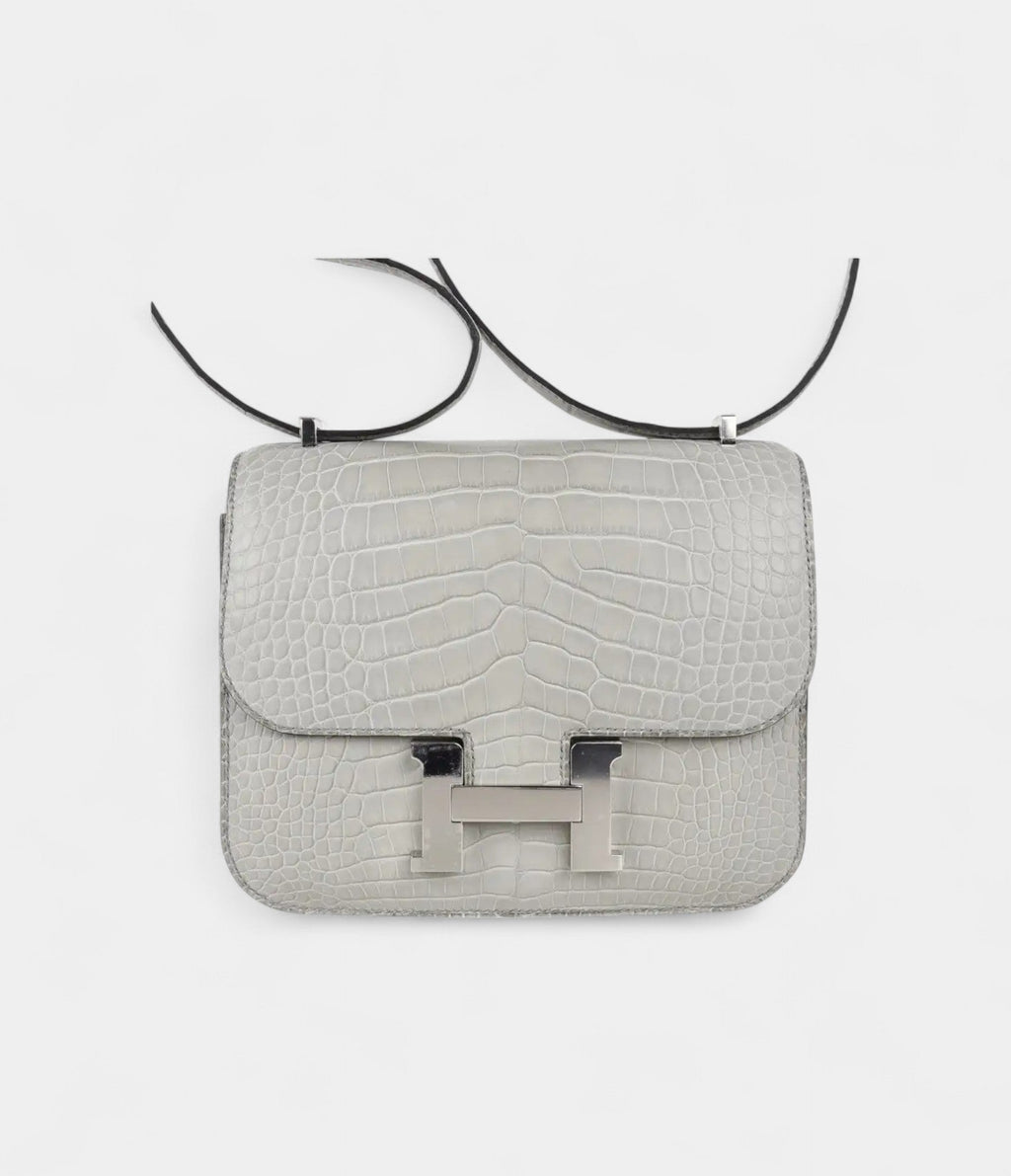 Hermes Mini Constance Bag 18 Gris Perle Matte Alligator with Palladium Hardware
