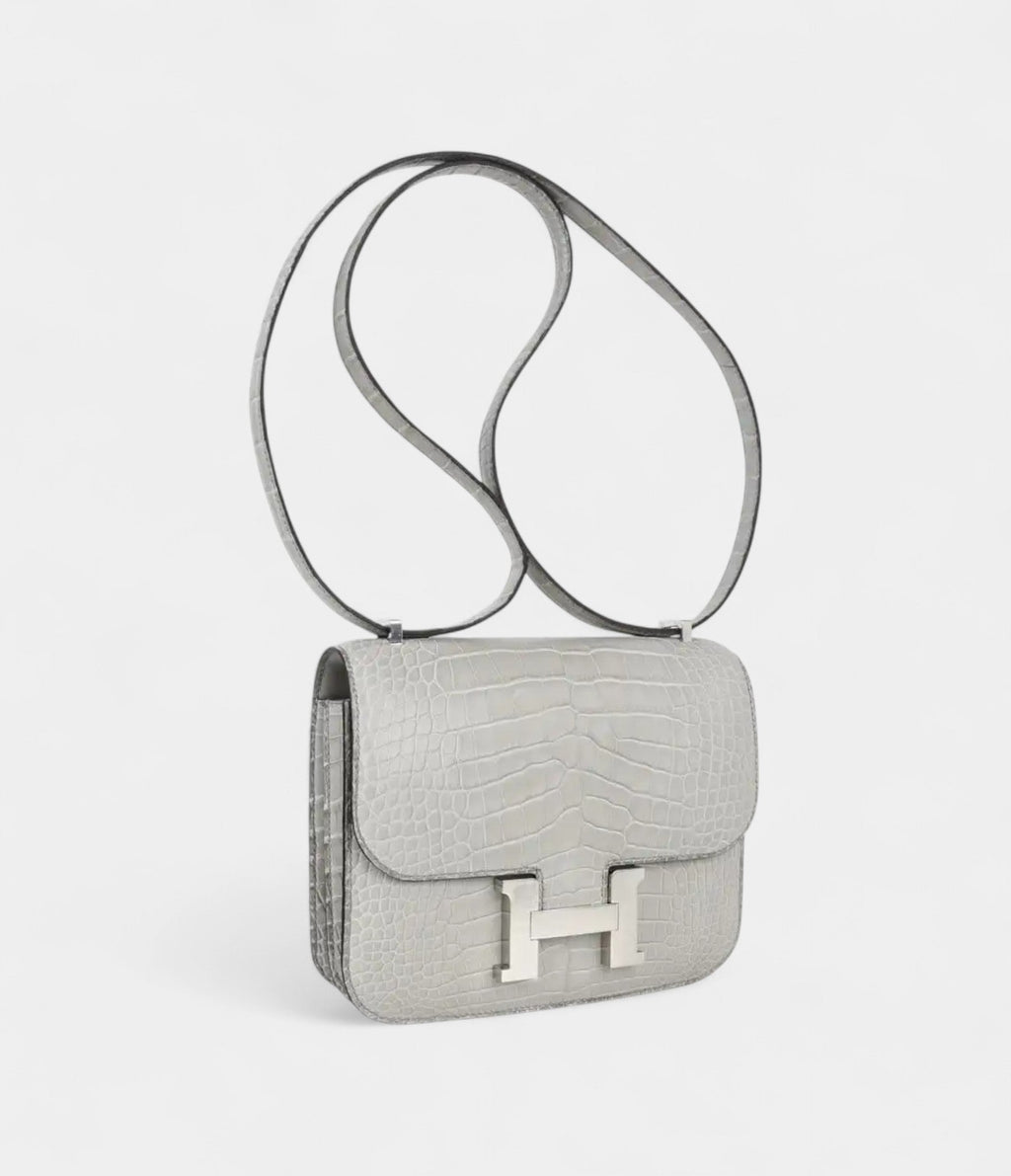 Hermes Mini Constance Bag 18 Gris Perle Matte Alligator with Palladium Hardware