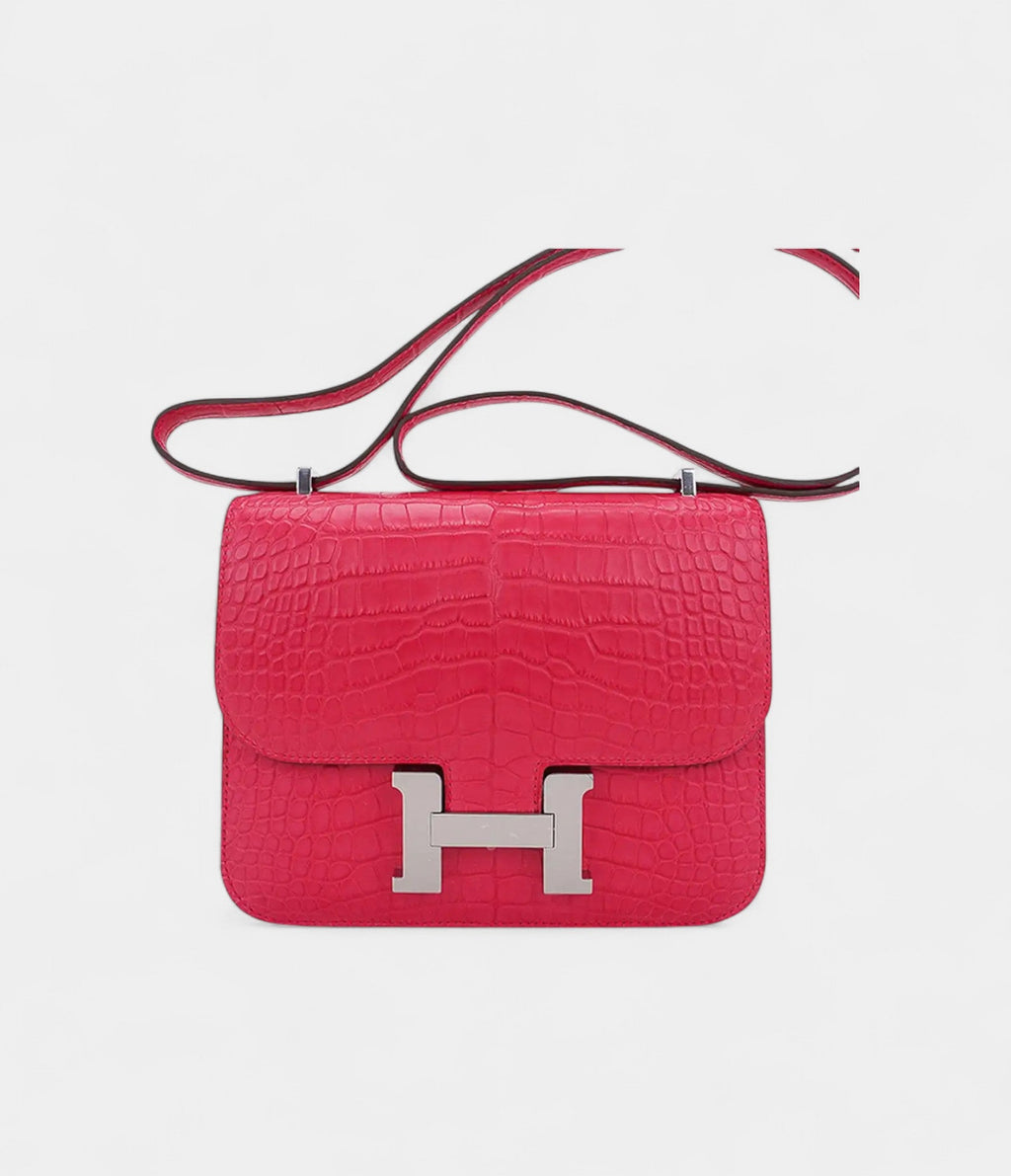 Hermes Mini Constance Bag 18 Rose Extreme Matte Alligator with Palladium Hardware