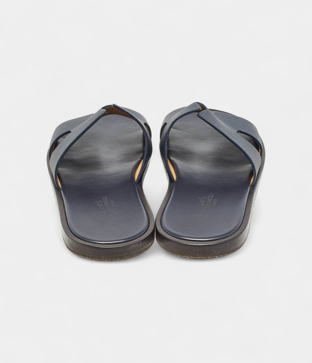 Hermes Navy Blue Leather Izmir Flat Slides 40 EU