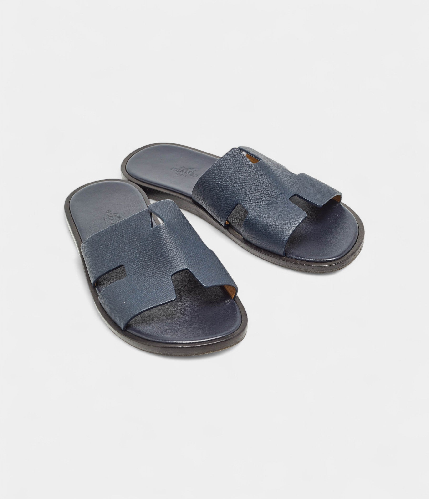 Hermes Navy Blue Leather Izmir Flat Slides 40 EU