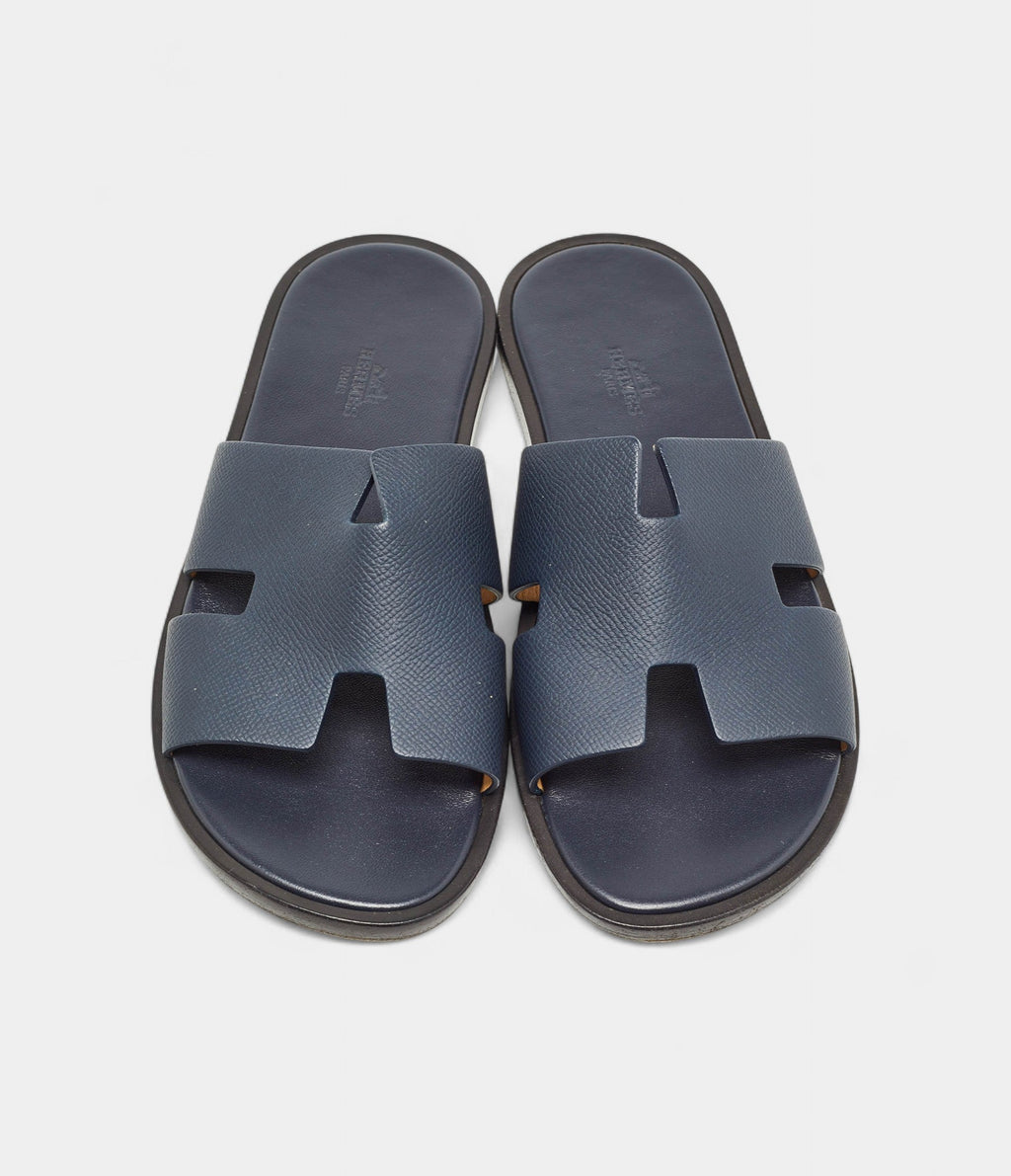 Hermes Navy Blue Leather Izmir Flat Slides 40 EU