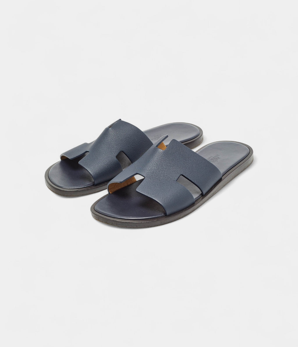 Hermes Navy Blue Leather Izmir Flat Slides 40 EU