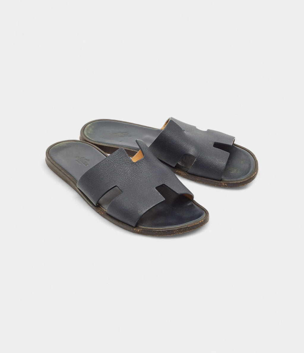 Hermes Navy Blue Leather Izmir Flat Slides 43 EU