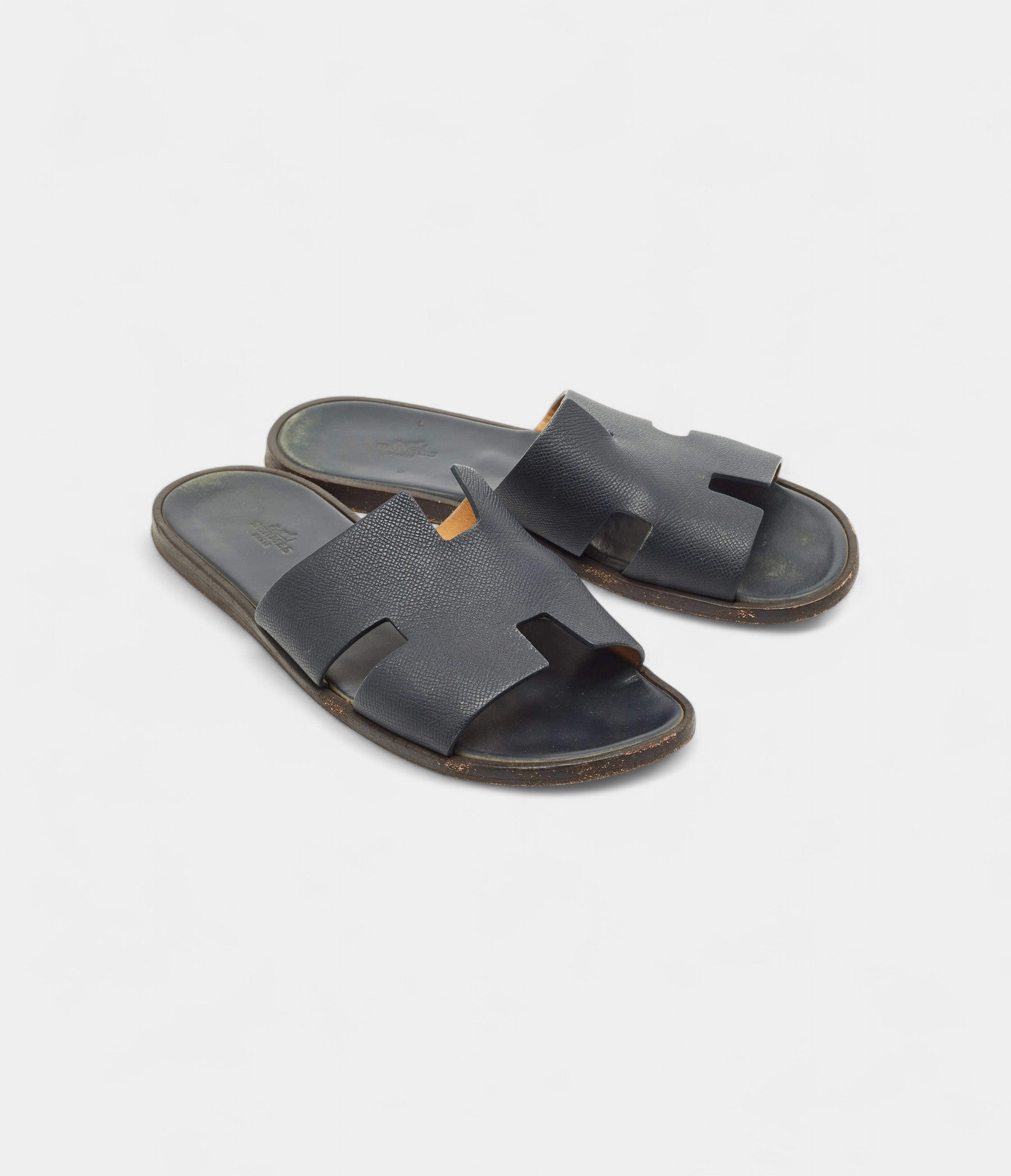 Hermes Navy Blue Leather Izmir Flat Slides 43 EU