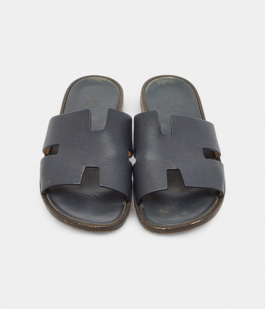Hermes Navy Blue Leather Izmir Flat Slides 43 EU