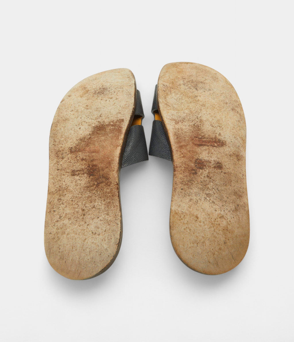 Hermes Navy Blue Leather Izmir Slides 44 EU