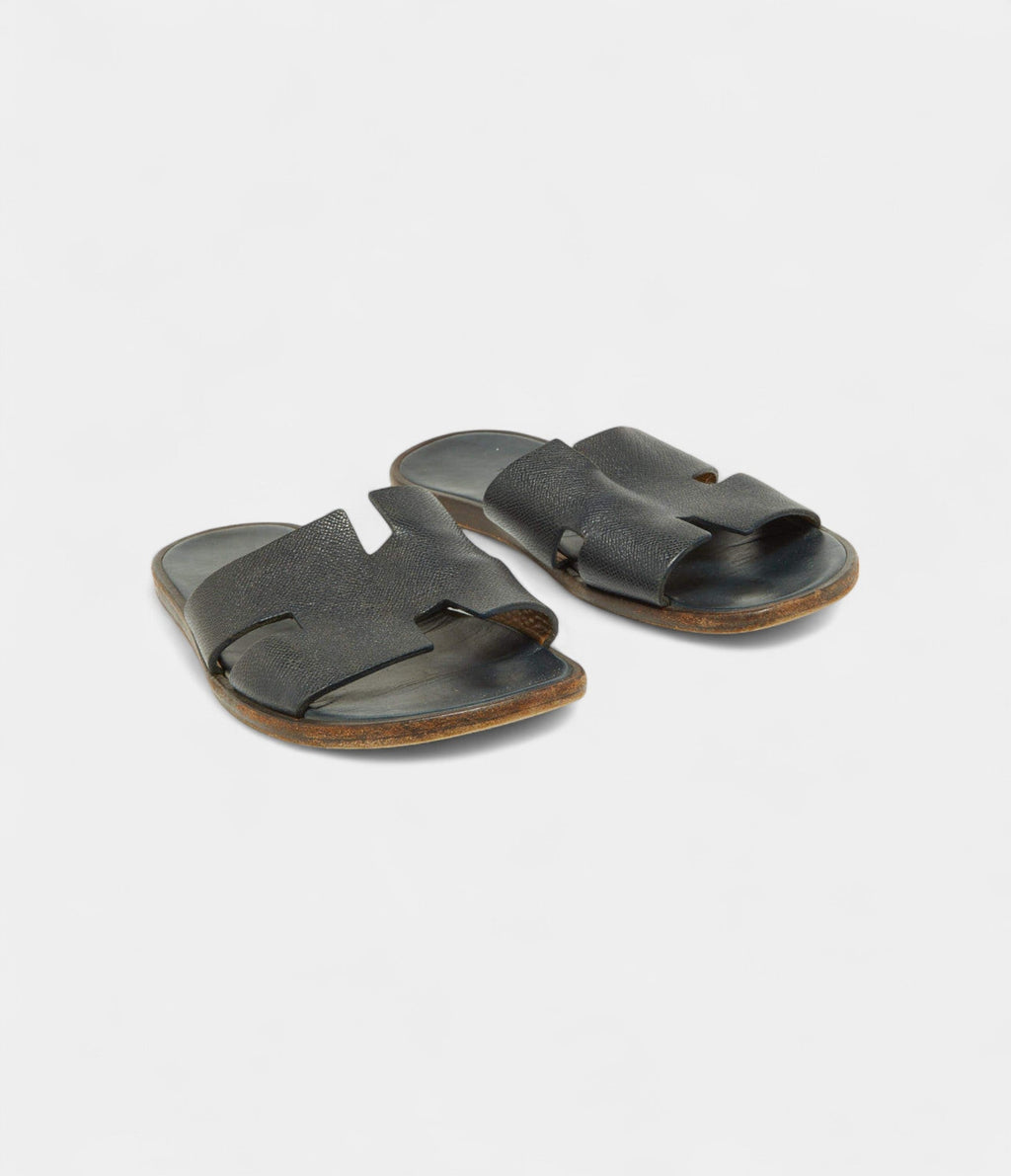 Hermes Navy Blue Leather Izmir Slides 44 EU