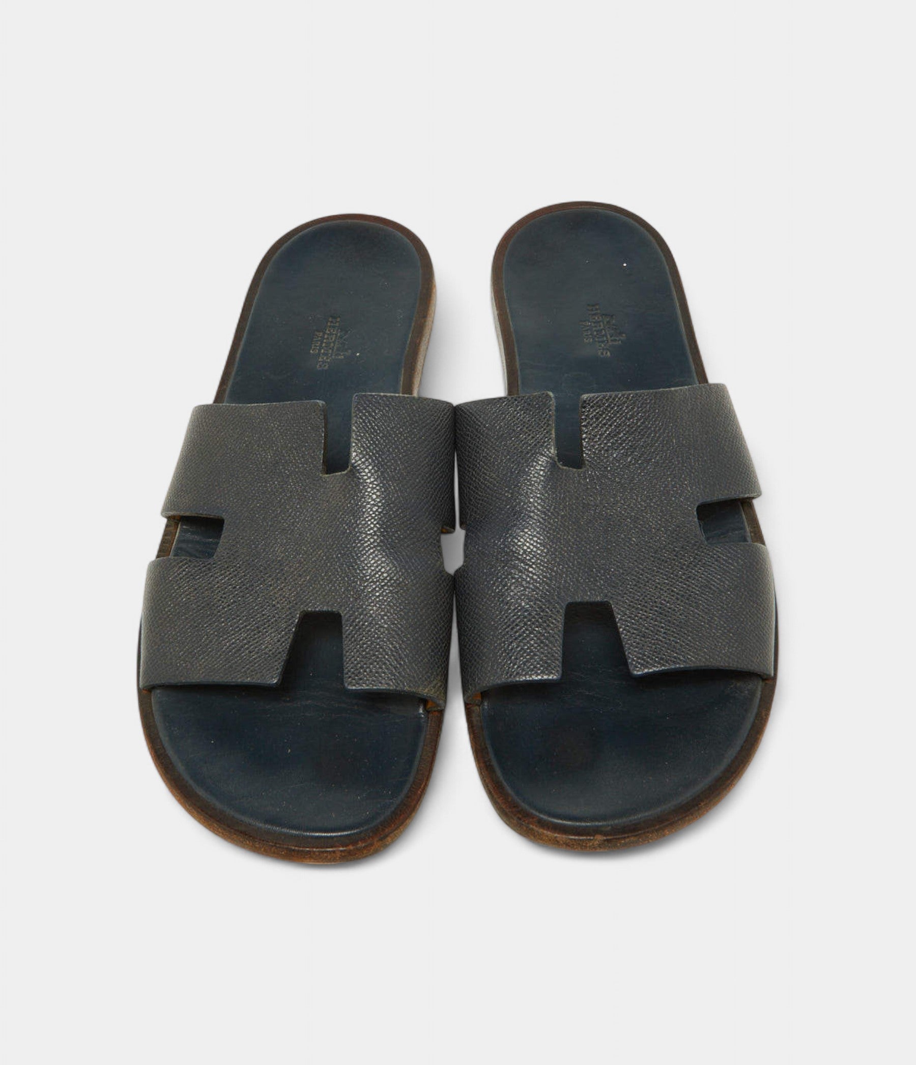 Hermes Navy Blue Leather Izmir Slides 44 EU