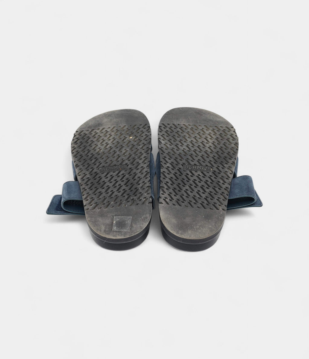Hermes Navy Blue Suede Chypre Sandals 41 EU