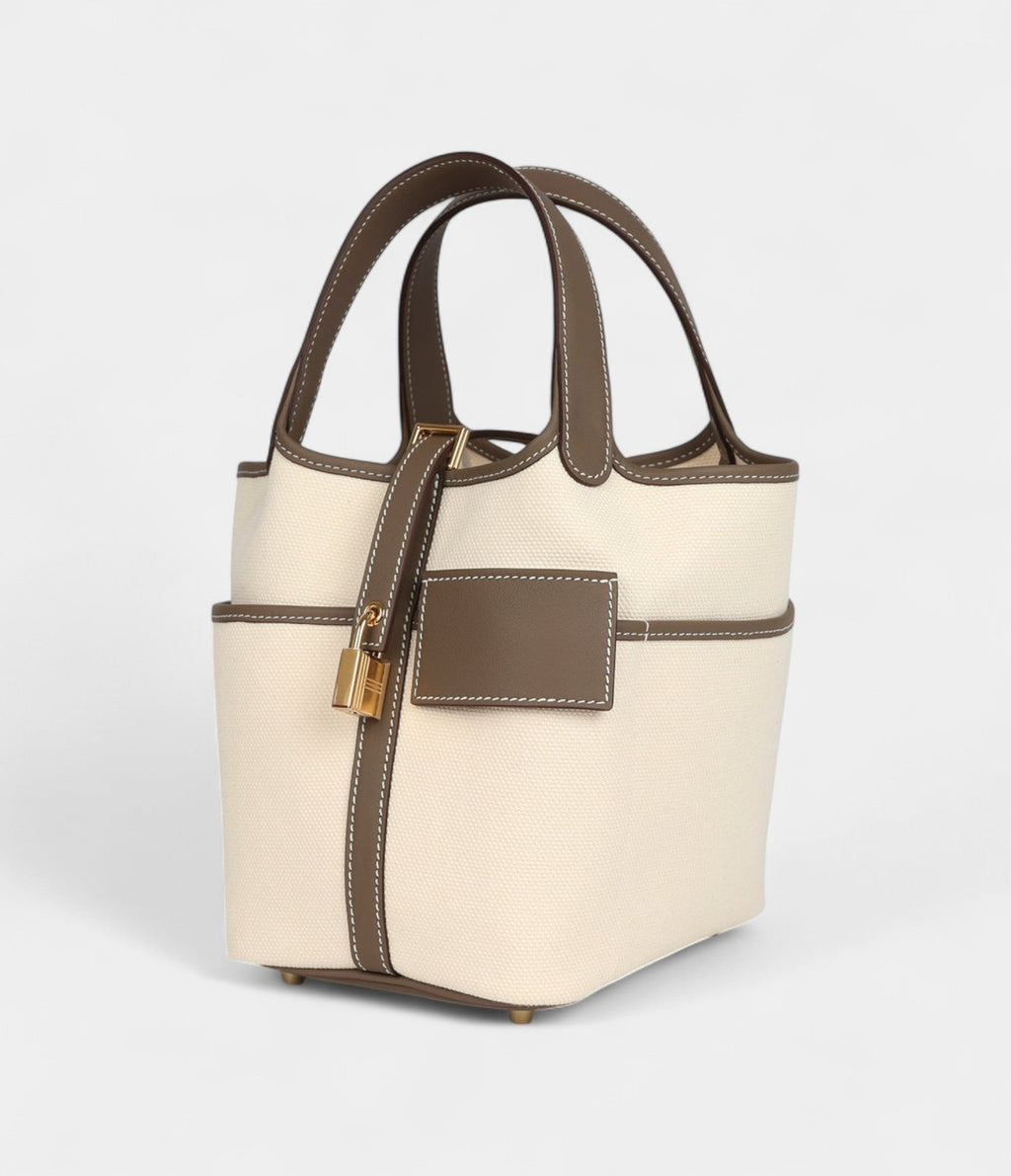HMPicotin Lock 18 Ecru Toile Canvas and Etoupe Swift Gold Hardware