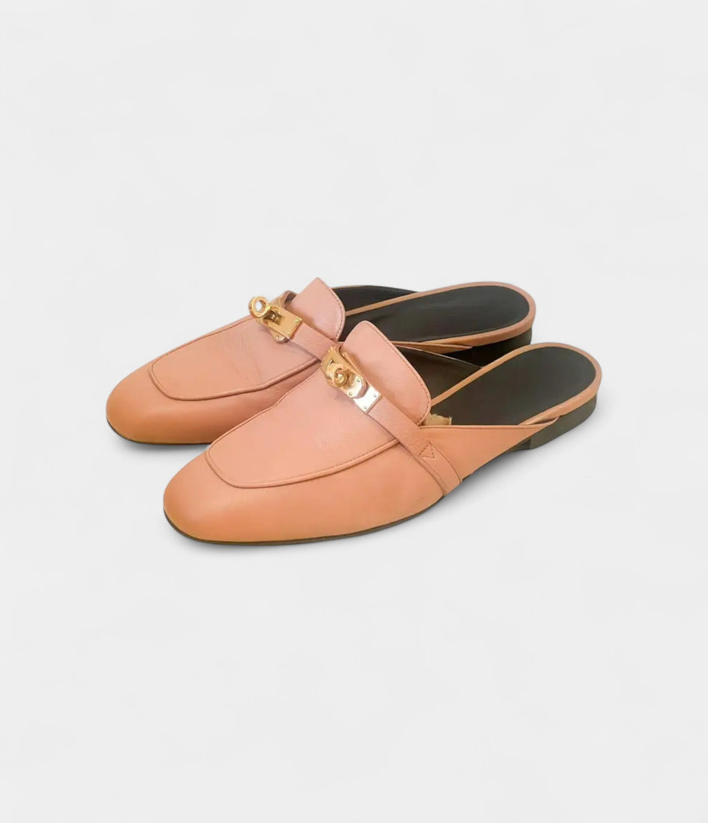 HMPink Leather OZ Mules with Gold Hardware