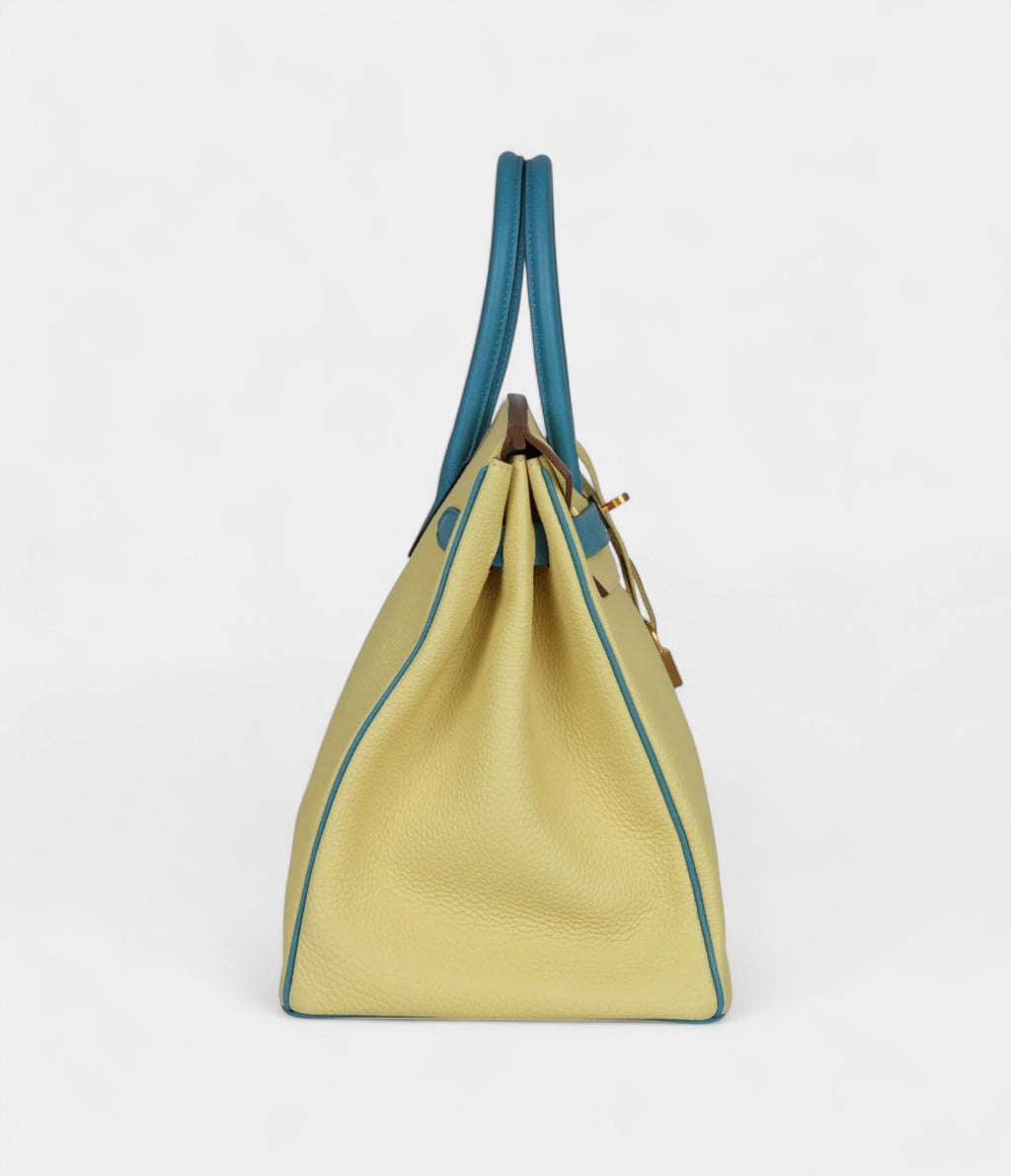 HM BK 35 Jaune Poussin and Bleu Paradise Togo Brushed Gold Hardware