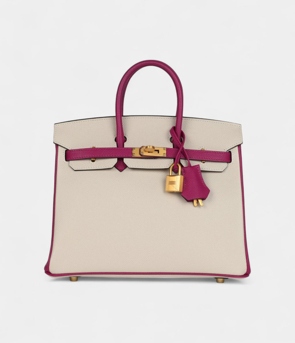 HM BK Sellier 25 Craie and Rose Pourpre Epsom Brushed Gold Hardware