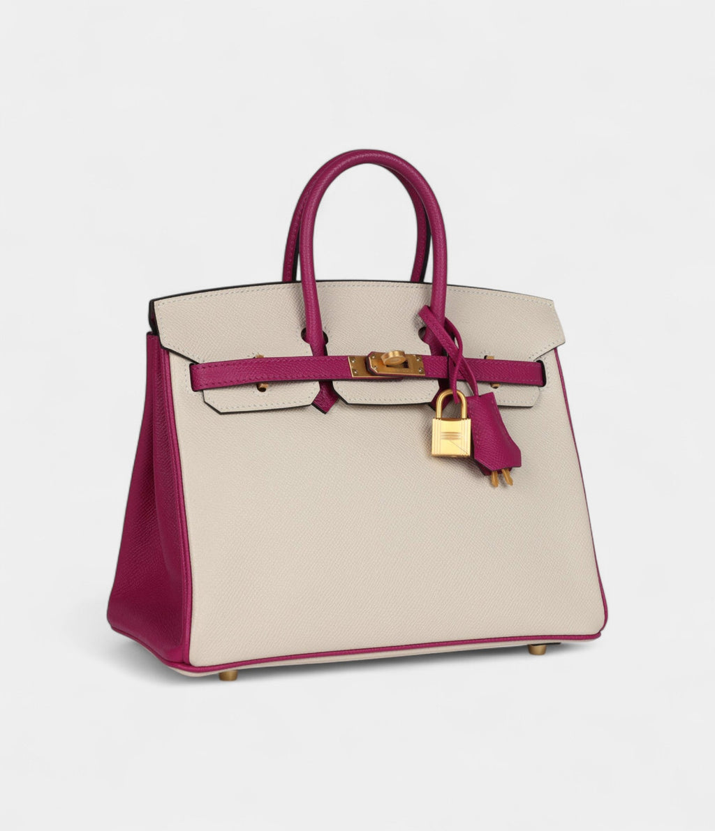 HM BK Sellier 25 Craie and Rose Pourpre Epsom Brushed Gold Hardware