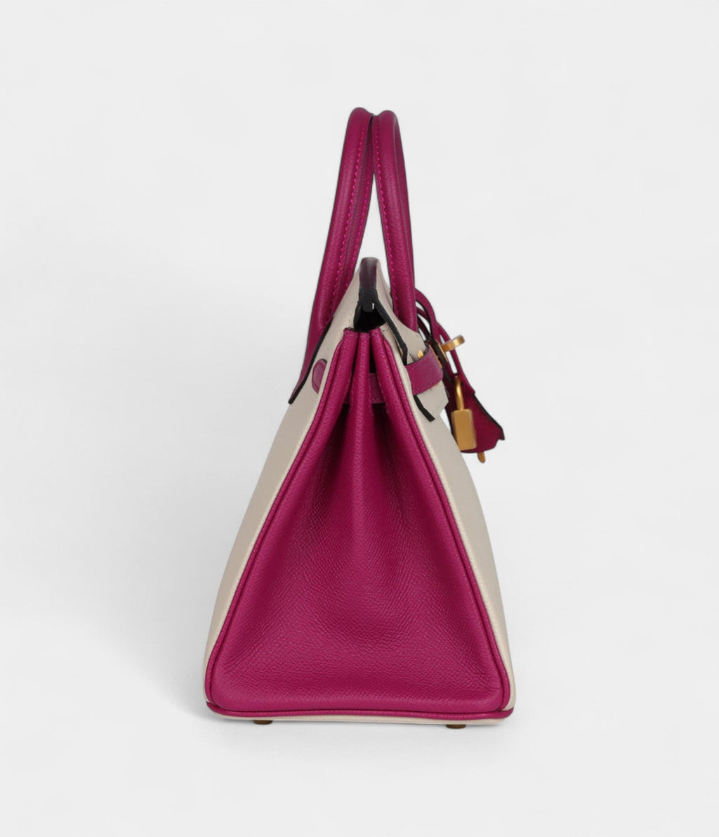 HM BK Sellier 25 Craie and Rose Pourpre Epsom Brushed Gold Hardware