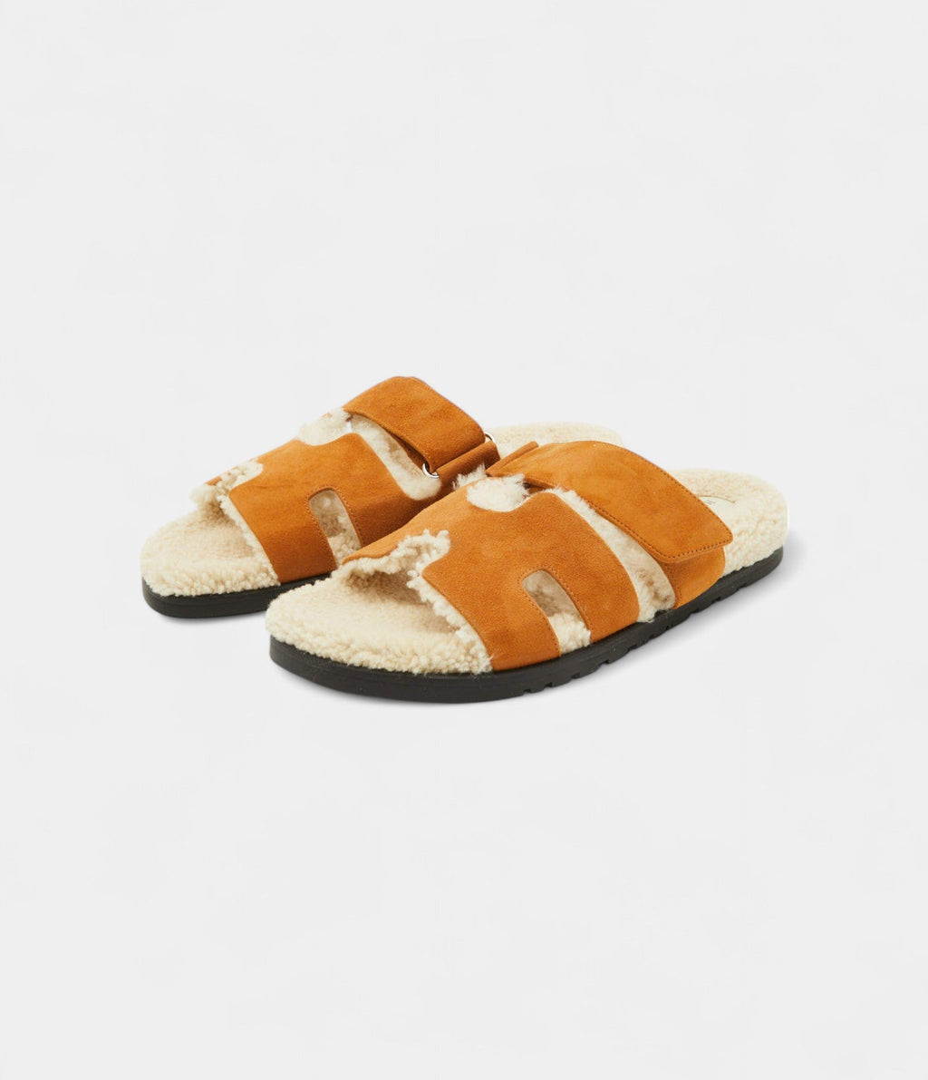 Hermes Tan Suede and Shearling Fur Lined Chypre Sandals 41.5 EU
